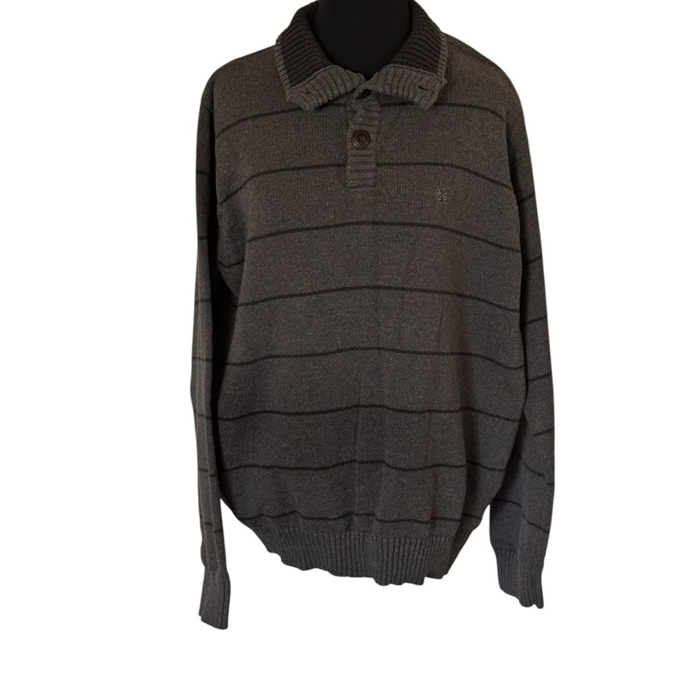 Izod Men's Charcoal Striped Sweater Preppy, Cozy, Button Collard SZ L